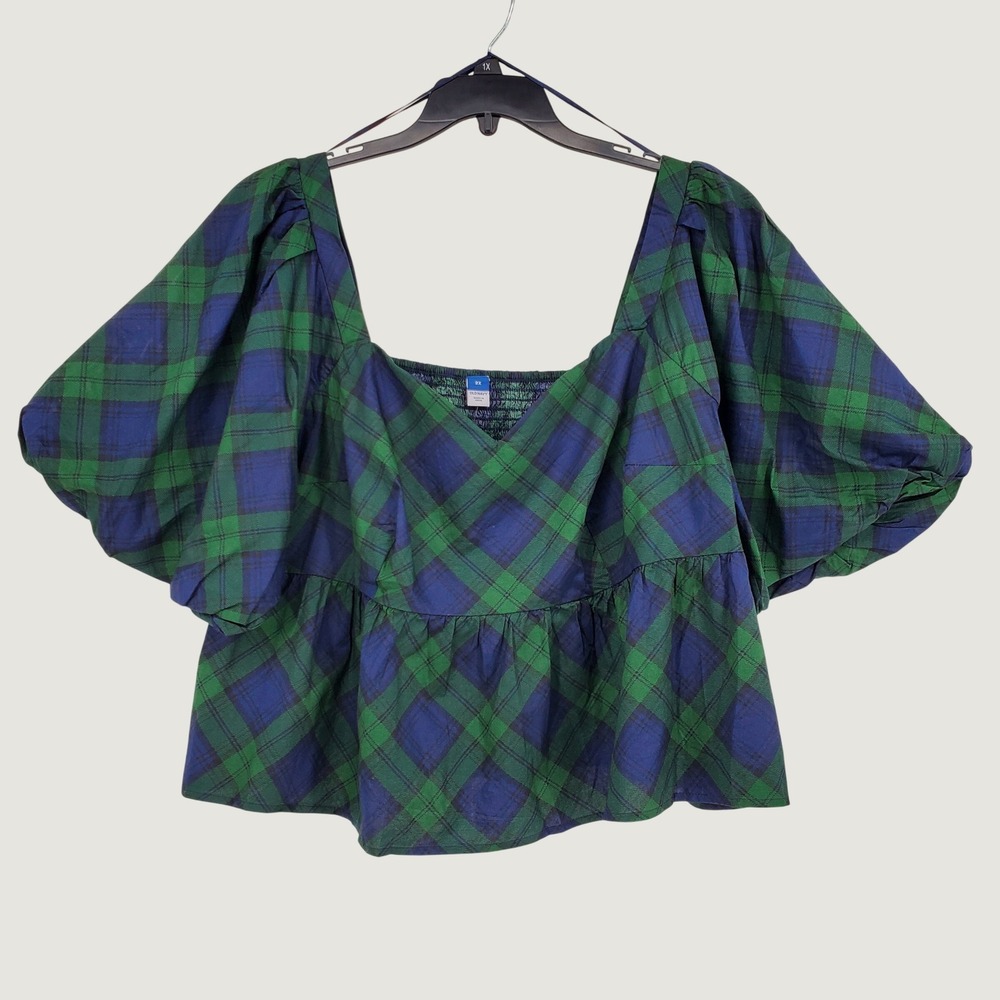 Old‎ Navy Womens 2X Blue Green Plaid Puff Sleeve Peplum Smocked Top 100% Cotton